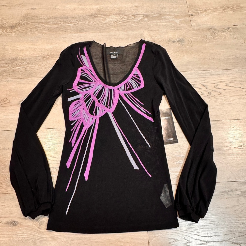 NWT Karen Kane Purple Haze Black Mesh Long Sleeve Embroidered Top Medium M
